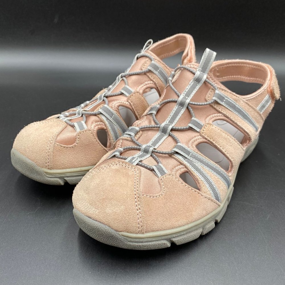 Lands’ End Sport Sandals Pink/Gray Leather Adjustable Hook & Loop Women Size 10